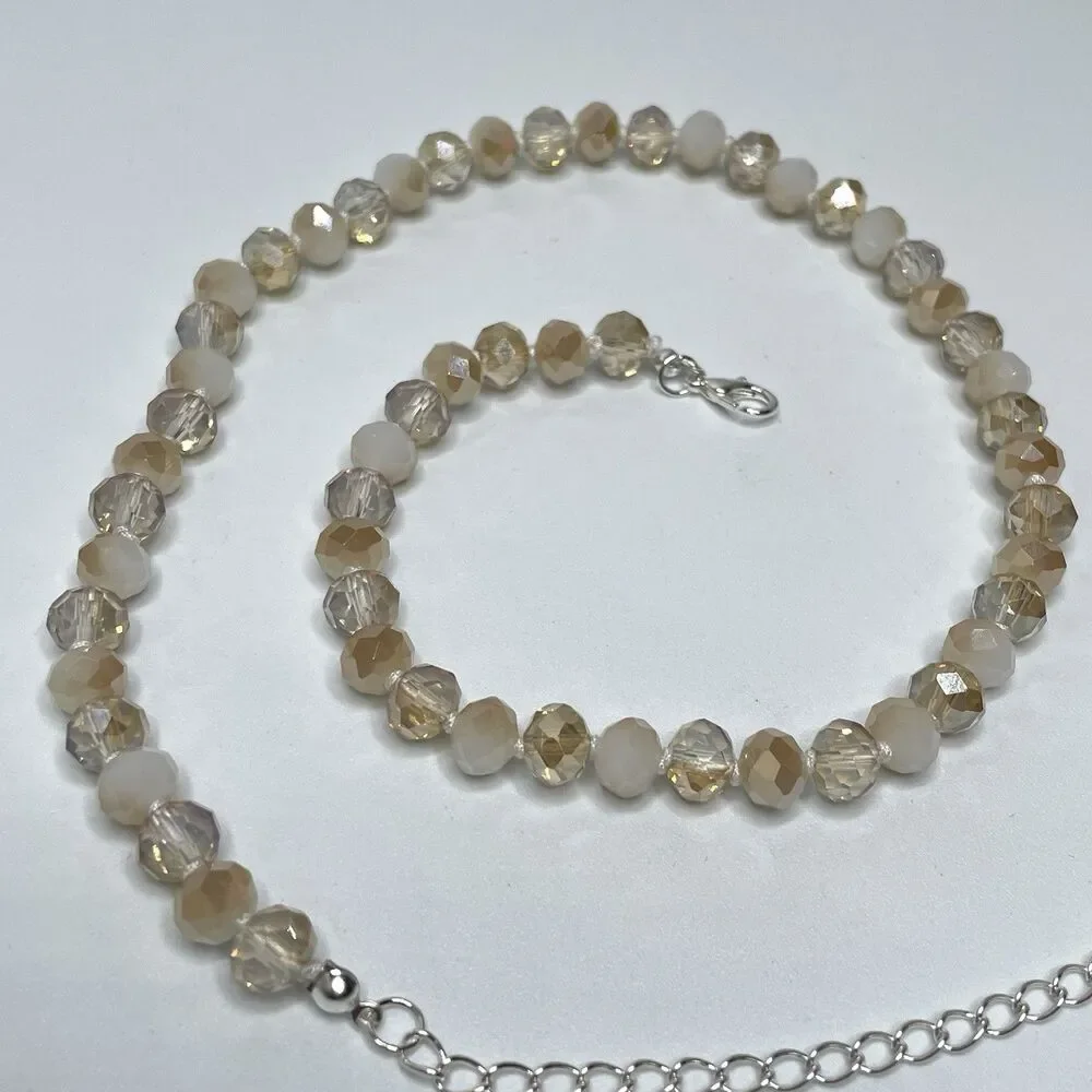Stunning Cream Beige Glass Rondel Beaded Knotted Necklace Boho Fashion Statement